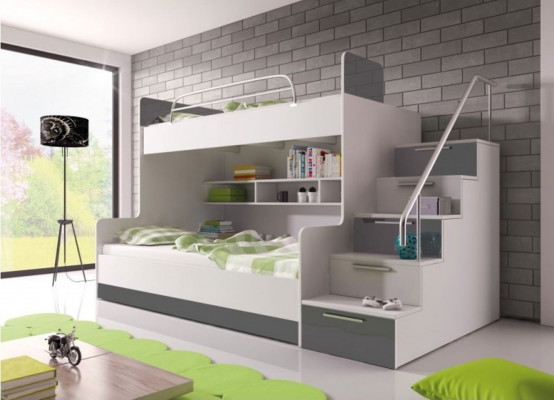 Szare Podwójne łóżko piętrowe Floors Łóżko żłobek Łóżko na poddaszu Meble o wysokim połysku