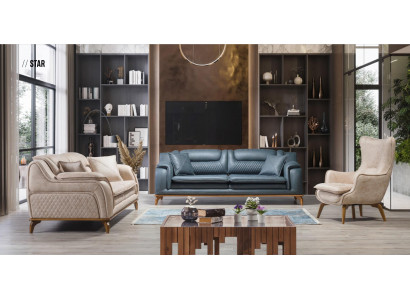 Zestaw sofowy 3+3+1 miejsce do siedzenia Blue Fotel Luksusowa Skóra Sofa Kanapa Meble w stylu zachodnim