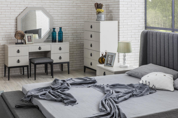 Toaletka z Lustro Szara Sypialnia Design Konsol Stołek Nowość