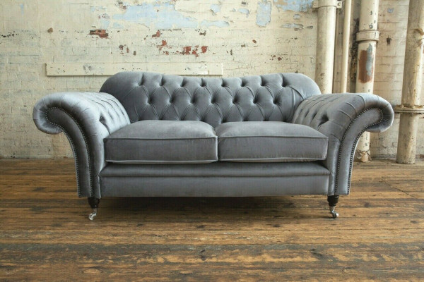 Chesterfield Oryginalna Sofa Włókienniczy Sofy Kanapy Materiał Szara Kanapa 200cm