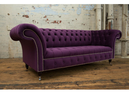 Chesterfield Oryginalna Sofa Włókienniczy Sofy Materiał Fioletowy 225cm Kanapy
