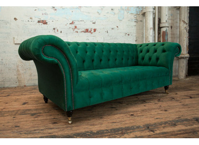 Sofa Classic Chesterfield 3 miejsce do siedzenia Sofa Aksamit Skóra Design duża zielona nowość