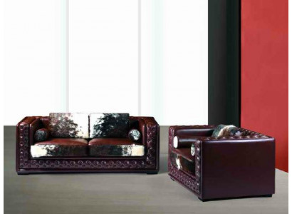 Ciemnoczerwony Chesterfield Zestaw sofowy 3+2 miejsce siedzące 2szt. Zestaw Skóra do skóry kucyka
