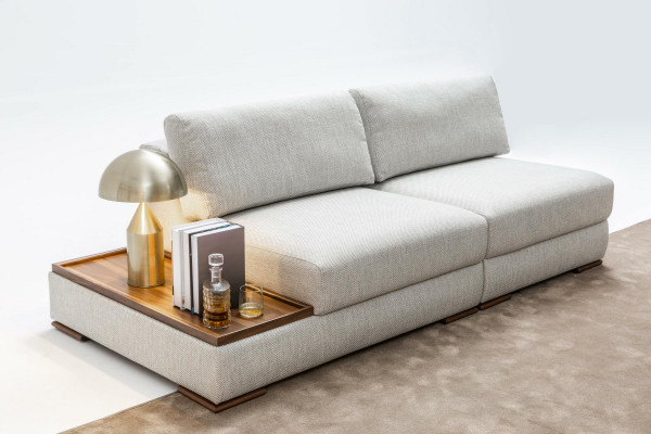Elegancka, nowoczesna miękka sofa do 2 sypialni ze zintegrowanym drewnianym stołem i sofą