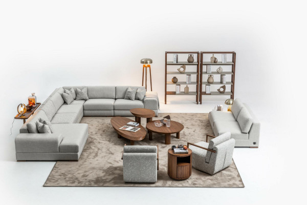 Elegancka, nowoczesna miękka sofa do 2 sypialni ze zintegrowanym drewnianym stołem i sofą
