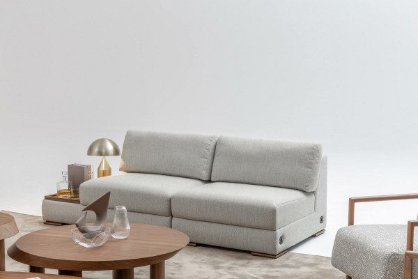 Elegancka, nowoczesna miękka sofa do 2 sypialni ze zintegrowanym drewnianym stołem i sofą