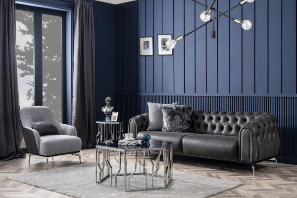 Chesterfield Ustawić Sofę 4 Siedziba Fotel czteromiejscowa sztuczna skóra Czarny