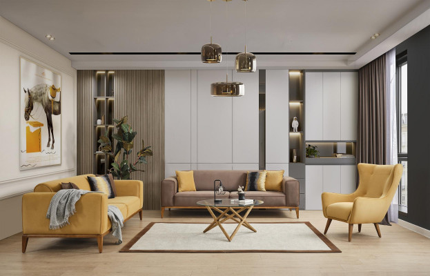 Zestaw sofowy Kompletna Sofa 431 miejsce do siedzenia Fotel Materiał Żółty Zestaw 3szt. Nowy