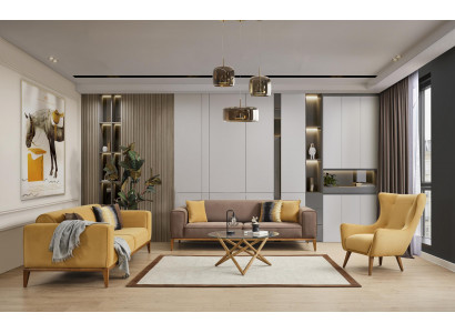 Zestaw sofowy Kompletna Sofa 431 miejsce do siedzenia Fotel Materiał Żółty Zestaw 3szt. Nowy