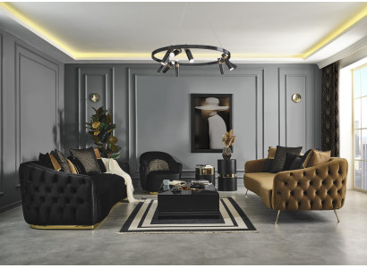 Chesterfield Zestaw sofowy Fotel niebieski poliester luksusowy zestaw 3 sztuki