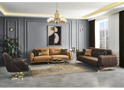 Zestaw sofowy Kompletna sofa 431 Siedziba Fotel sztuczna skóra brązowa komplet 3 sztuki