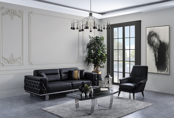 Zestaw sofowy Sofa kompletna 41 Siedziba Fotel sztuczna skóra Czarny Zestaw 2szt