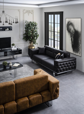 Sofa trzyosobowa 3 miejsce do siedzenia kanapy czarna sztuczna skóra salon luksusowy