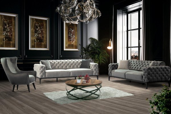 Chesterfield Zestaw sofowy Sofa 3+1 miejsce do siedzenia Materiał Szare Luksusowe Sofy Biały