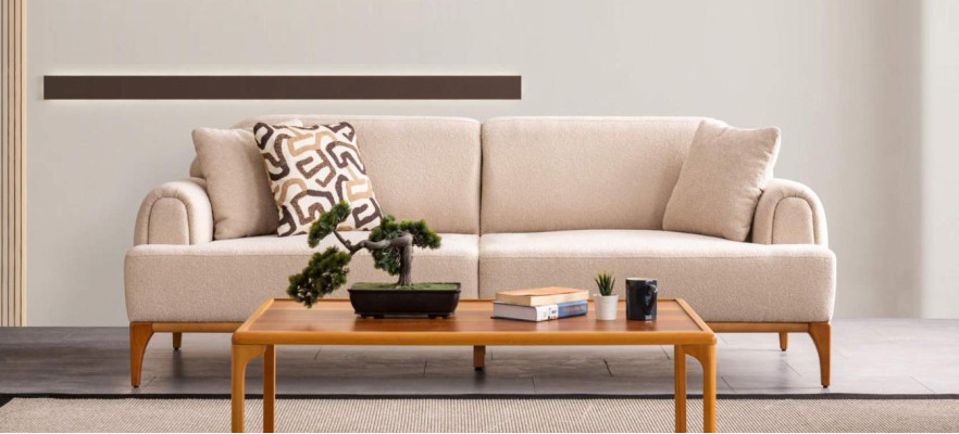 Nowoczesna Sofa 3 miejsce siedzące Salon Beżowa xxl 220cm Luksusowe Meble Sofy Kanapy