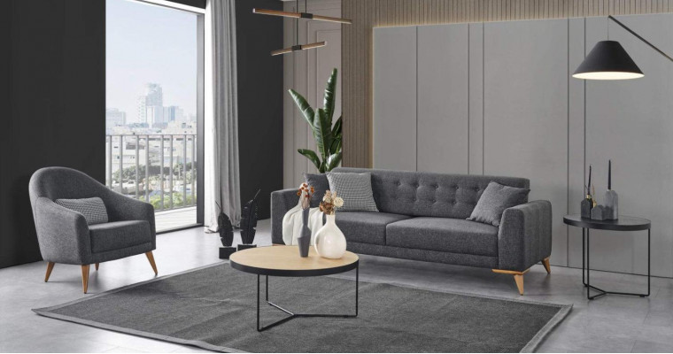 Stylowy zestaw do salonu, 3 sztuki. Luksusowe meble Szara Sofa 3+1 o nowoczesnym designie