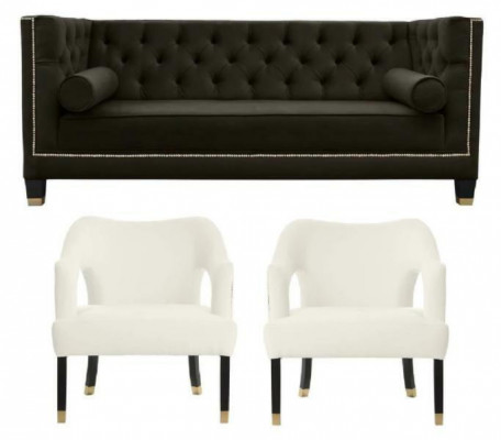 Chesterfield+2 Fotel Czarny Biały XXL Duże Włókiennicze Kanapy Materiałowe Kreatywne