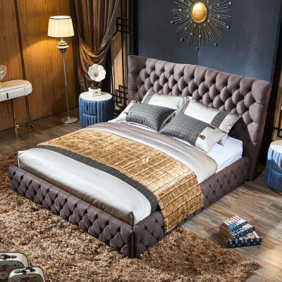 Brown Chesterfield Łóżko Sypialnia Włókiennicze łóżko Aksamit Big Hotel bed
