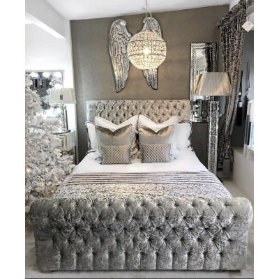 Chesterfield Łóżko Sypialnia łóżko Włókienniczy 180x200cm Aksamit Big Hotel Szare Nowe