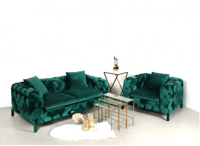 Zielony Chesterfield Zestaw wypoczynkowy 3+1 Sofa Materiał Kanapy Podkładka Ustawić