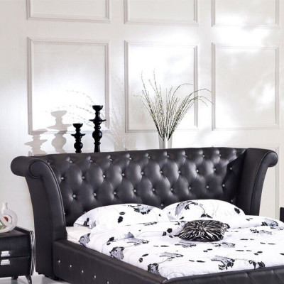 Chesterfield Big Łóżko XXL Zagłówek łóżka Podkładka Hotel Aksamit Czarny Materiał uszy