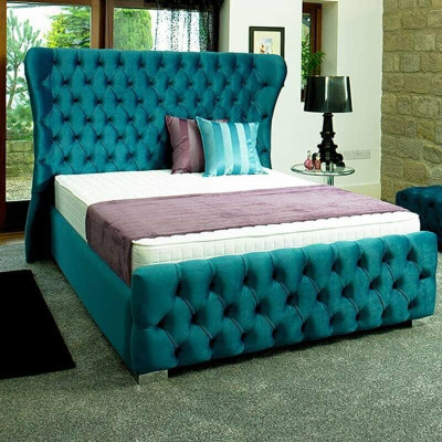 Chesterfield Turkis Green Designer Łóżko Sypialnia Włókienniczy Skóra Podkładka 180x200 cm