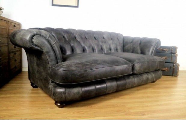 Kanapa Chesterfield Big Xxl % Skóra Czarna 3-miejsce do siedzenia w stylu vintage