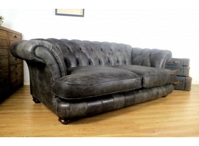 Kanapa Chesterfield Big Xxl % Skóra Czarna 3-miejsce do siedzenia w stylu vintage