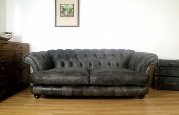 Kanapa Chesterfield Big Xxl % Skóra Czarna 3-miejsce do siedzenia w stylu vintage