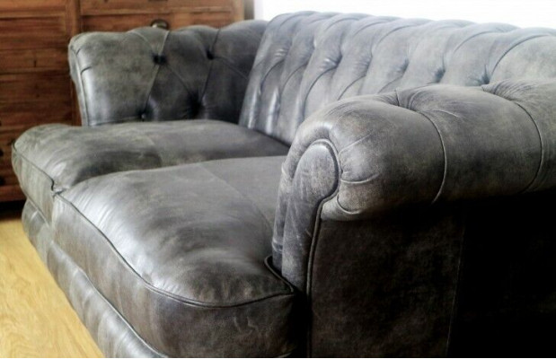 Kanapa Chesterfield Big Xxl % Skóra Czarna 3-miejsce do siedzenia w stylu vintage