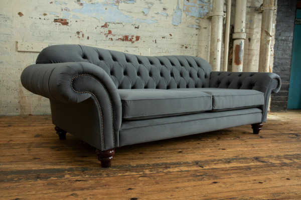 Duża Sofa 4 miejsce do siedzenia Couch Chesterfield Podkładka Siedziba Ustawić Materiał Włókienniczy New Grey