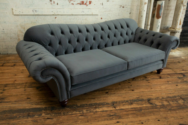 Duża Sofa 4 miejsce do siedzenia Couch Chesterfield Podkładka Siedziba Ustawić Materiał Włókienniczy New Grey