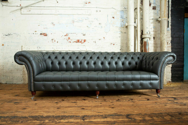 Szary Chesterfield 4 miejsce do siedzenia Big Sofa Couch Włókienniczy Skóra Podkładka Sofy