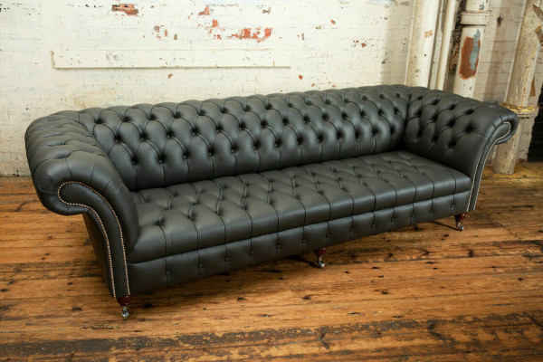 Szary Chesterfield 4 miejsce do siedzenia Big Sofa Couch Włókienniczy Skóra Podkładka Sofy