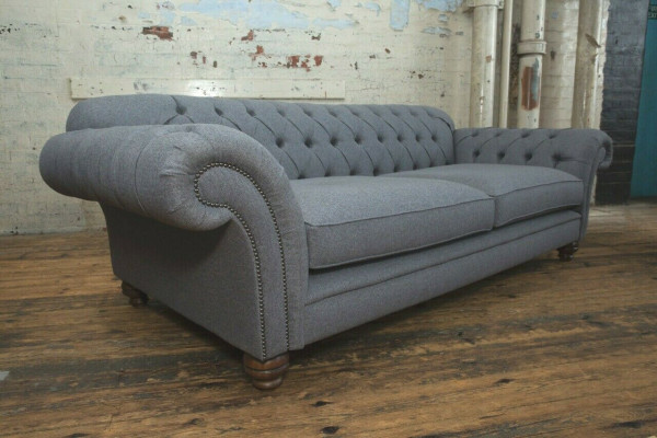 Nowoczesna Sofa Chesterfield Couch 4 miejsce do siedzenia Kanapy Aksamit Skóra Design Grey