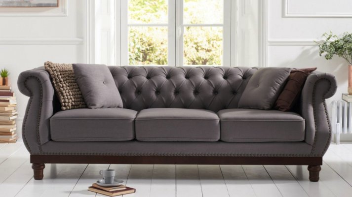 Szara Sofa Chesterfield Podkładka Sofa Tkaninowa Designerska 3-miejsce siedzące