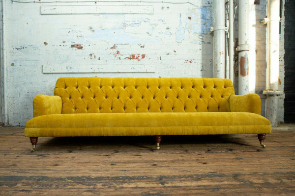 Klasyczna Sofa Chesterfield 4 miejsce do siedzenia Sofy Kanapy Skóra Żółta Podkładka Design