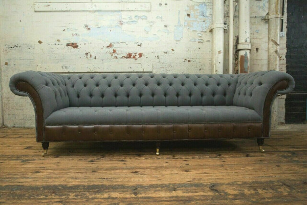 Sofa Design Chesterfield 4-miejsce do siedzenia Szara Kanapa Podkładka Skóra Sofy Salonowe Nowa