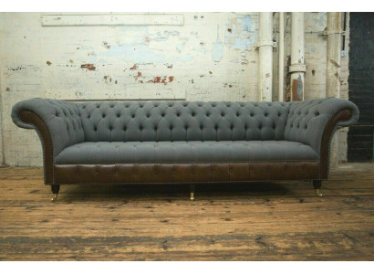Sofa Design Chesterfield 4-miejsce do siedzenia Szara Kanapa Podkładka Skóra Sofy Salonowe Nowa