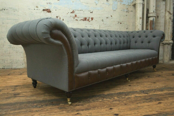 Sofa Design Chesterfield 4-miejsce do siedzenia Szara Kanapa Podkładka Skóra Sofy Salonowe Nowa