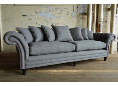 Klasyczna kanapa Chesterfield 4 miejsce do siedzenia Sofa Aksamit Skóra Design Szara 265cm