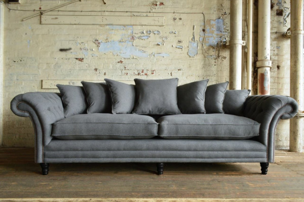 Klasyczna kanapa Chesterfield 4 miejsce do siedzenia Sofa Aksamit Skóra Design Szara 265cm