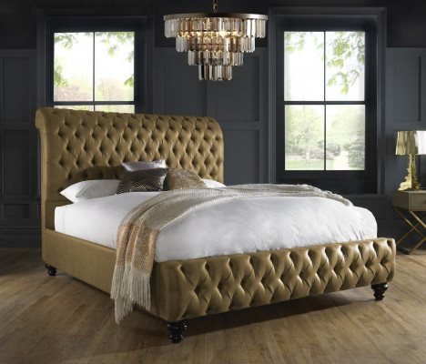 Gold Luxury Aksamit Włókienniczy England Łóżko Double Design Chesterfield 160x200cm