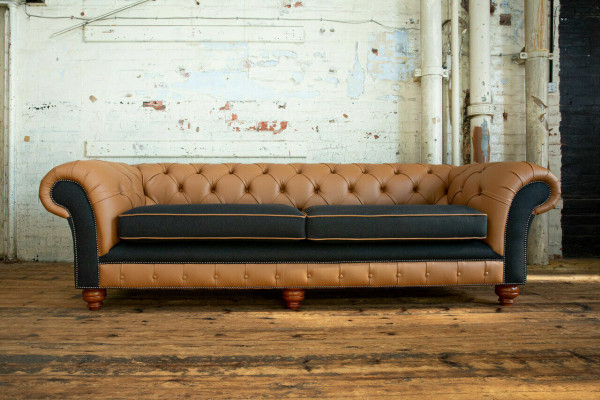 Brown Chesterfield Couch 4 miejsce do siedzenia Sofa Kanapy Aksamit Skóra Design