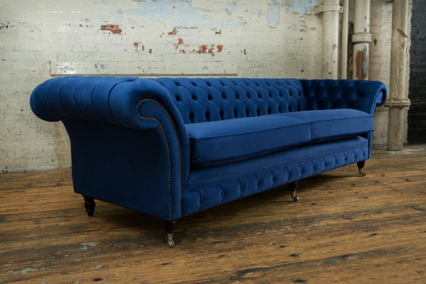 Klasyczna kanapa Chesterfield 4 miejsce do siedzenia Sofa Aksamit Skóra Blue Design Podkładka
