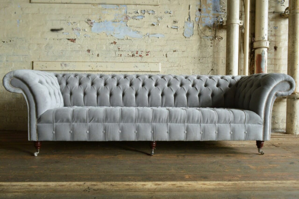 Klasyczna Sofa Chesterfield 4 miejsce do siedzenia Sofy Kanapy Skóra Szara Design Podkładka