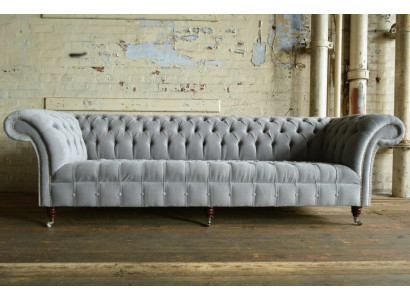 Klasyczna Sofa Chesterfield 4 miejsce do siedzenia Sofy Kanapy Skóra Szara Design Podkładka