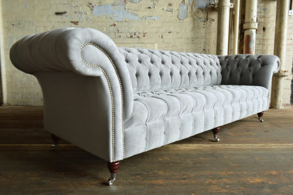 Klasyczna Sofa Chesterfield 4 miejsce do siedzenia Sofy Kanapy Skóra Szara Design Podkładka
