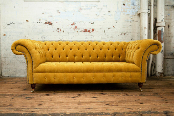 Designerska żółta Chesterfield 3-miejsce do siedzenia, luksusowa trzyosobowa kanapa