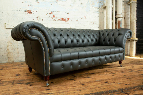 Szara designerska trzyosobowa kanapa Chesterfield Skóra